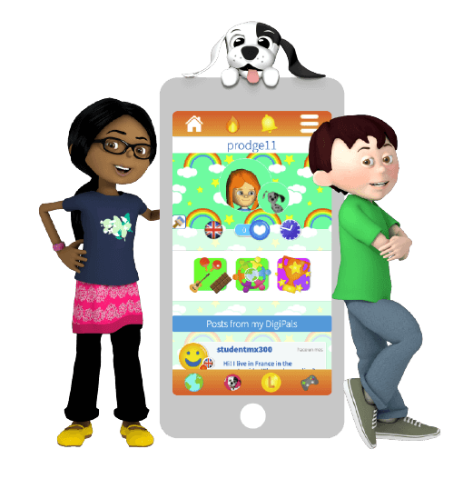 Log in to Little Bridge or reset your Little Bridge password! Three characters from Little Bridge present the Little Bridge student platform on a phone