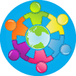 Little Bridge icon of six children around a globe on a blue circle with a transparent background
