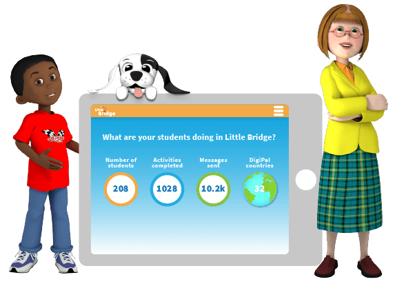 Three characters from Little Bridge present the Teacher Dashboard on a tablet