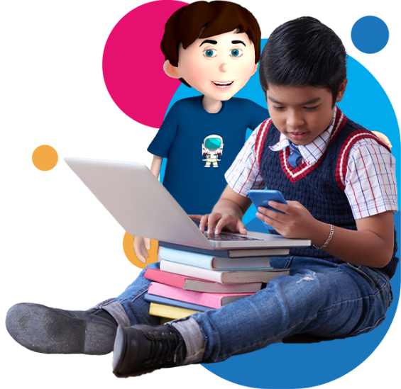Child learning English with Little Bridge on their laptop with a Little Bridge character and bright circles in the background on the aprende ingles page