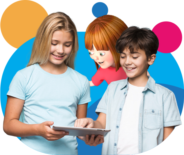 Children learning English with Little Bridge on their tablet with a Little Bridge character and bright circles in the background on the aprende ingles page