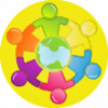 Little Bridge icon of six children around a globe on a yellow circle with a transparent background